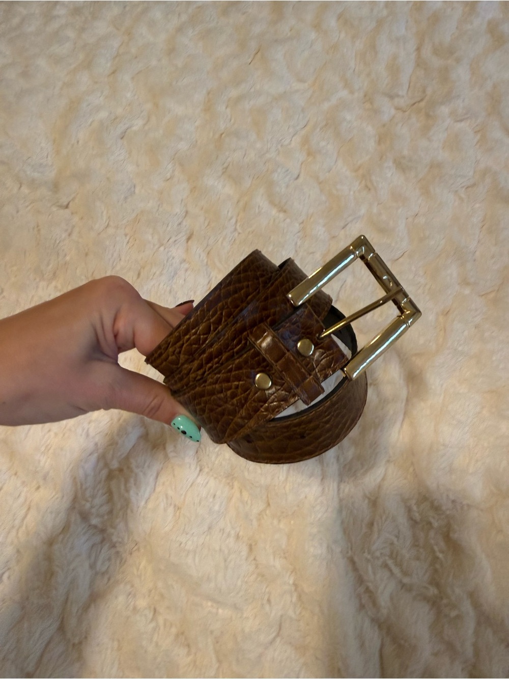 Brown Textured Leather Belt with Gold Buckle